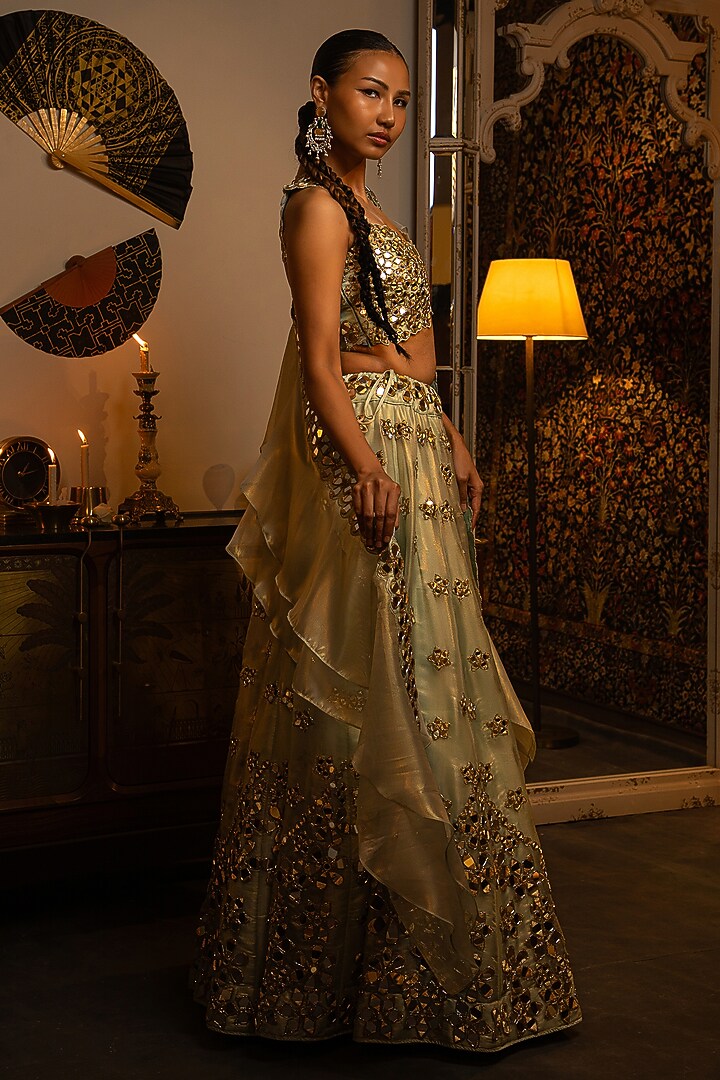 Ocean Blue Organza Mirror Work Wedding Lehenga Set by Vandana Sethi at Pernia's Pop Up Shop