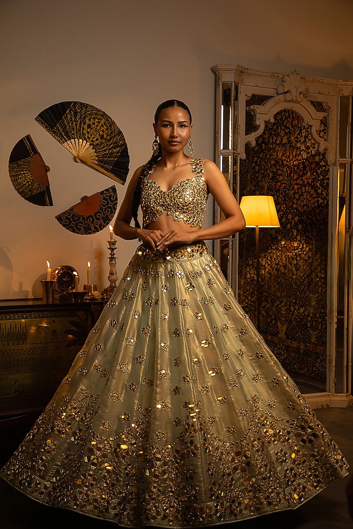 Ocean Blue Organza Mirror Work Wedding Lehenga Set by Vandana Sethi at Pernia's Pop Up Shop