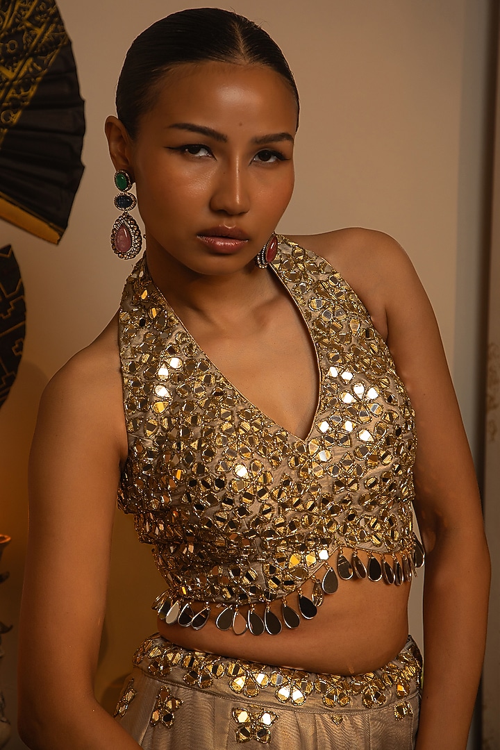 Sky Grey Shimmer Organza Mirror Work Bridal Sharara Set by Vandana Sethi at Pernia's Pop Up Shop