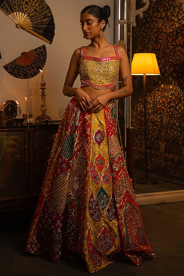Multi-Colored Brocade Mirror Work Bridal Lehenga Set by Vandana Sethi at Pernia's Pop Up Shop