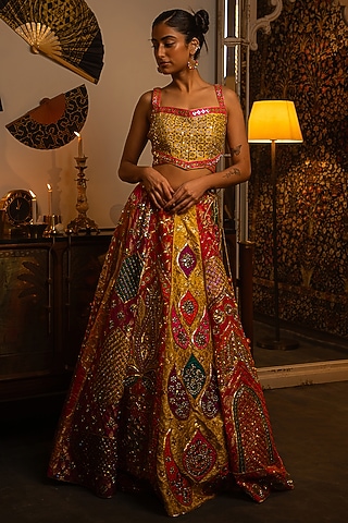 Multi-Colored Brocade Mirror Work Lehenga Set by Vandana Sethi