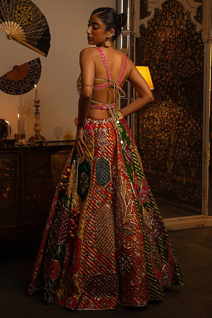 Multi-Colored Brocade Mirror Work Bridal Lehenga Set by Vandana Sethi at Pernia's Pop Up Shop