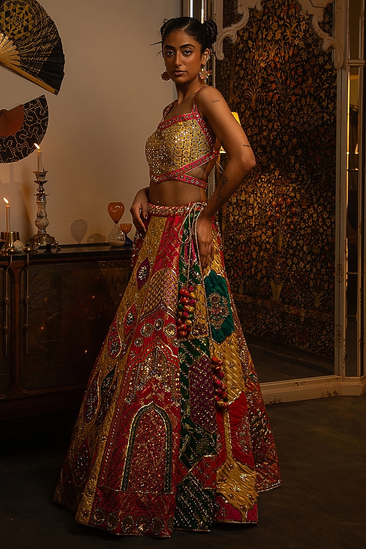 Multi-Colored Brocade Mirror Work Bridal Lehenga Set by Vandana Sethi at Pernia's Pop Up Shop