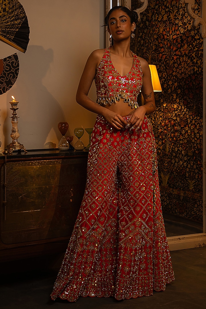 Fuchsia Pink Dupion Silk Mirror Work Bridal Sharara Set by Vandana Sethi at Pernia's Pop Up Shop