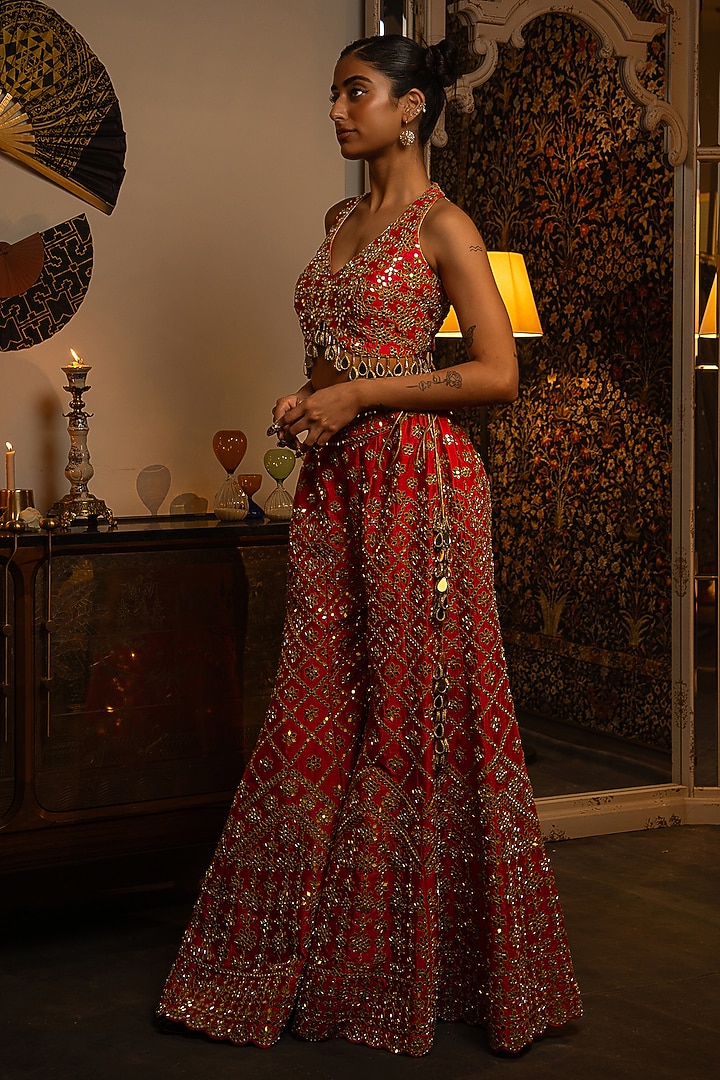 Fuchsia Pink Dupion Silk Mirror Work Bridal Sharara Set by Vandana Sethi at Pernia's Pop Up Shop