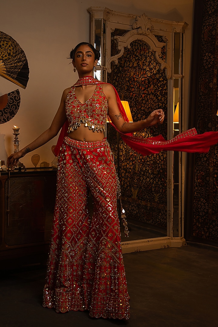Fuchsia Pink Dupion Silk Mirror Work Bridal Sharara Set by Vandana Sethi at Pernia's Pop Up Shop