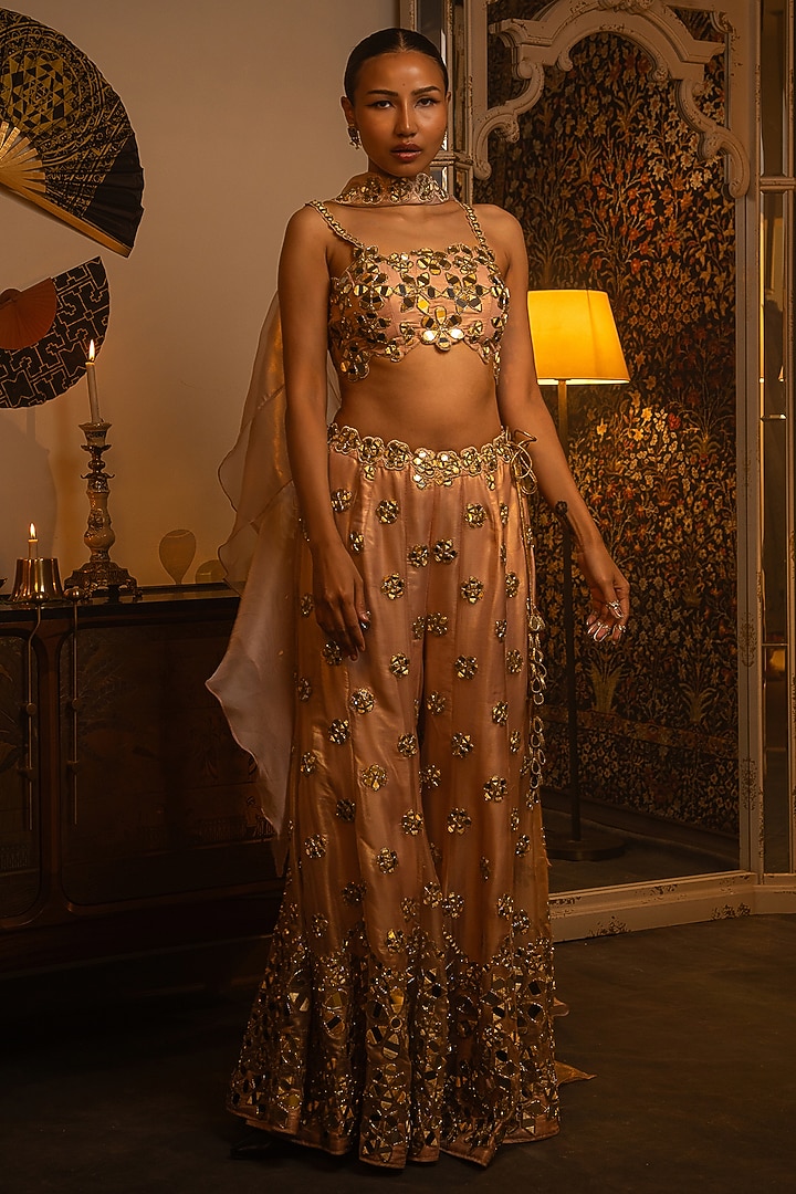 Powder Pink Shimmer Organza Mirror Work Bridal Sharara Set by Vandana Sethi at Pernia's Pop Up Shop