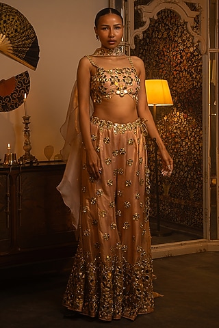 Powder Pink Shimmer Organza Mirror Work Sharara Set by Vandana Sethi