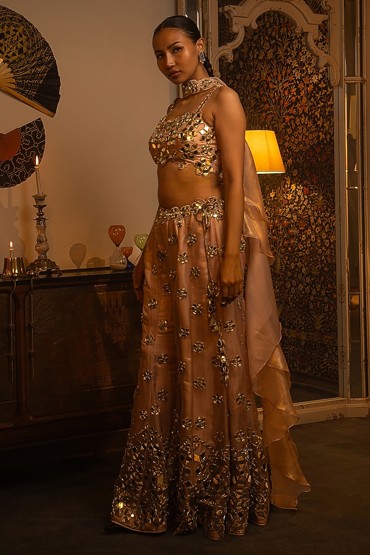 Powder Pink Shimmer Organza Mirror Work Bridal Sharara Set by Vandana Sethi at Pernia's Pop Up Shop