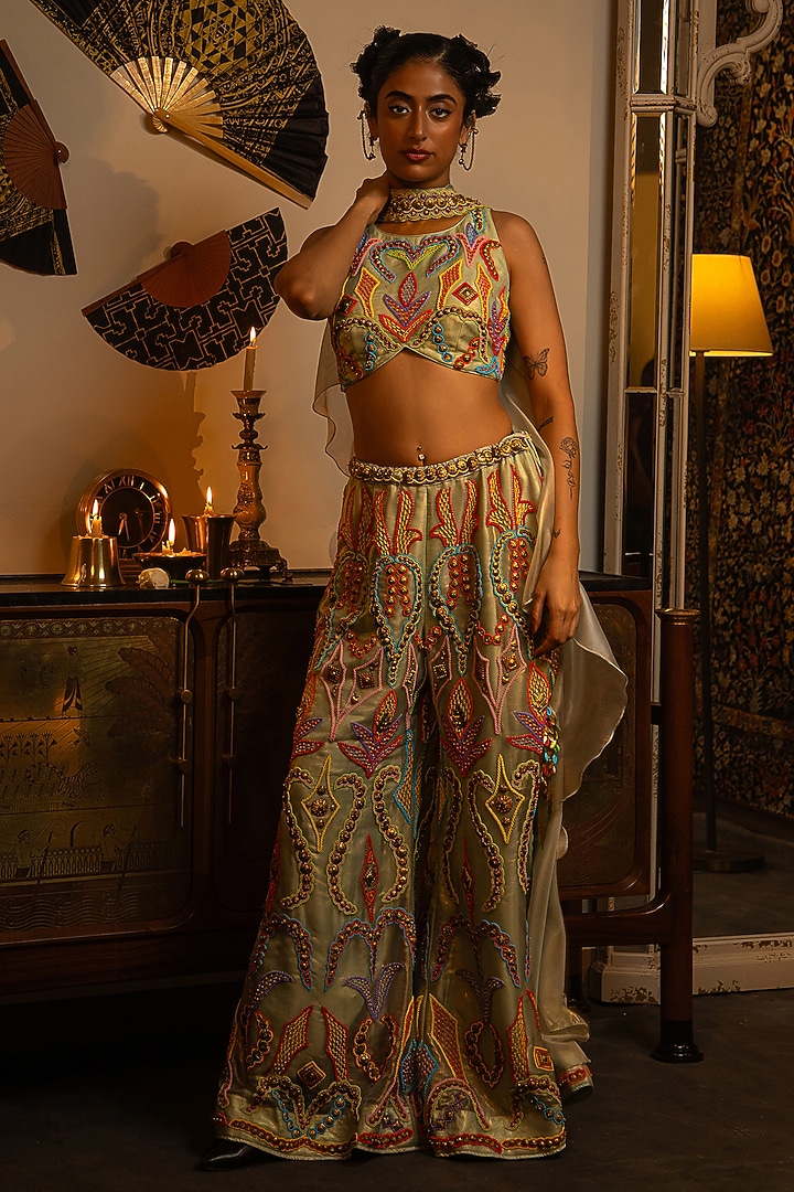 Ice Blue Shimmer Organza Bead Work Bridal Sharara Set by Vandana Sethi at Pernia's Pop Up Shop