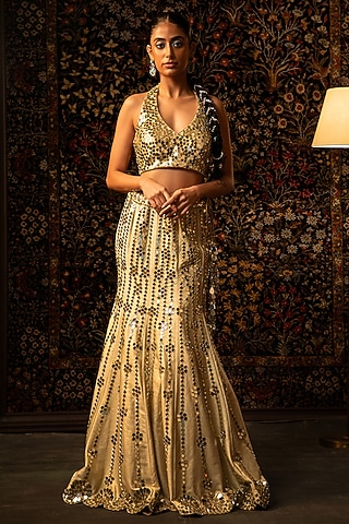 Ivory Shimmer Raw Silk Mirror Work Lehenga Set by Vandana Sethi