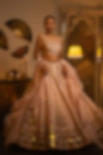 Powder Pink Dupion Silk Mirror Work Wedding Lehenga Set by Vandana Sethi at Pernia's Pop Up Shop