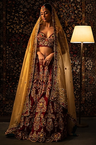 Red Velvet Zardosi Work Lehenga Set by Vandana Sethi