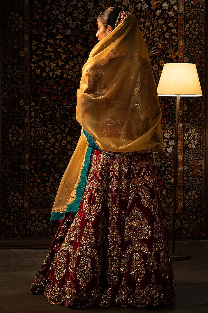 Red Velvet Zardosi Work Bridal Lehenga Set by Vandana Sethi at Pernia's Pop Up Shop