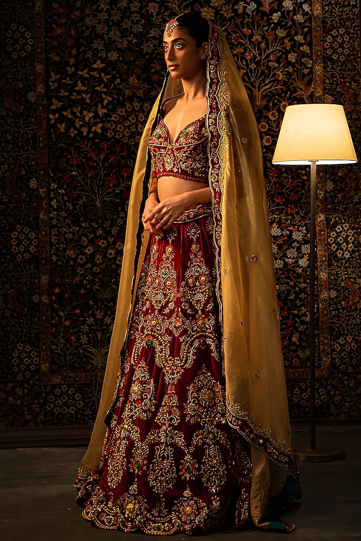 Red Velvet Zardosi Work Bridal Lehenga Set by Vandana Sethi at Pernia's Pop Up Shop