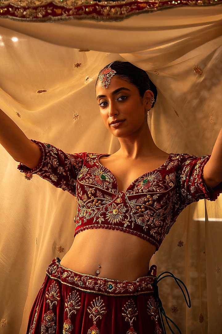 Red Velvet Zardosi Work Bridal Lehenga Set by Vandana Sethi at Pernia's Pop Up Shop
