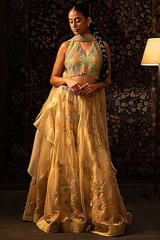 Ivory Shimmer Organza Bead Work Lehenga Set by Vandana Sethi