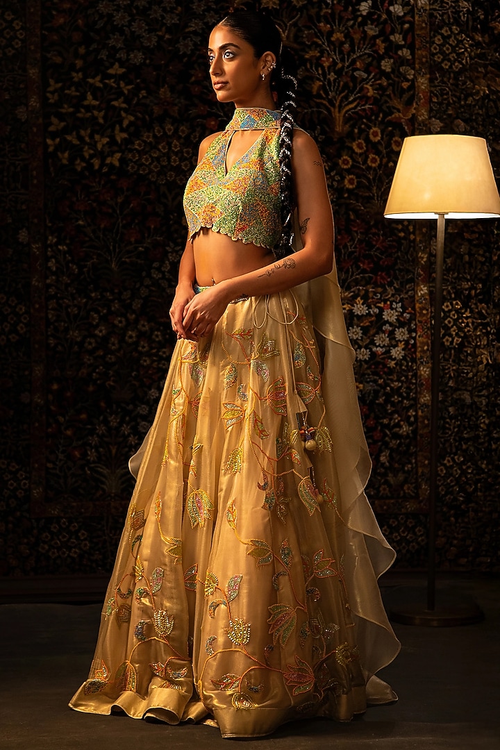 Ivory Shimmer Organza Bead Work Bridal Lehenga Set by Vandana Sethi at Pernia's Pop Up Shop