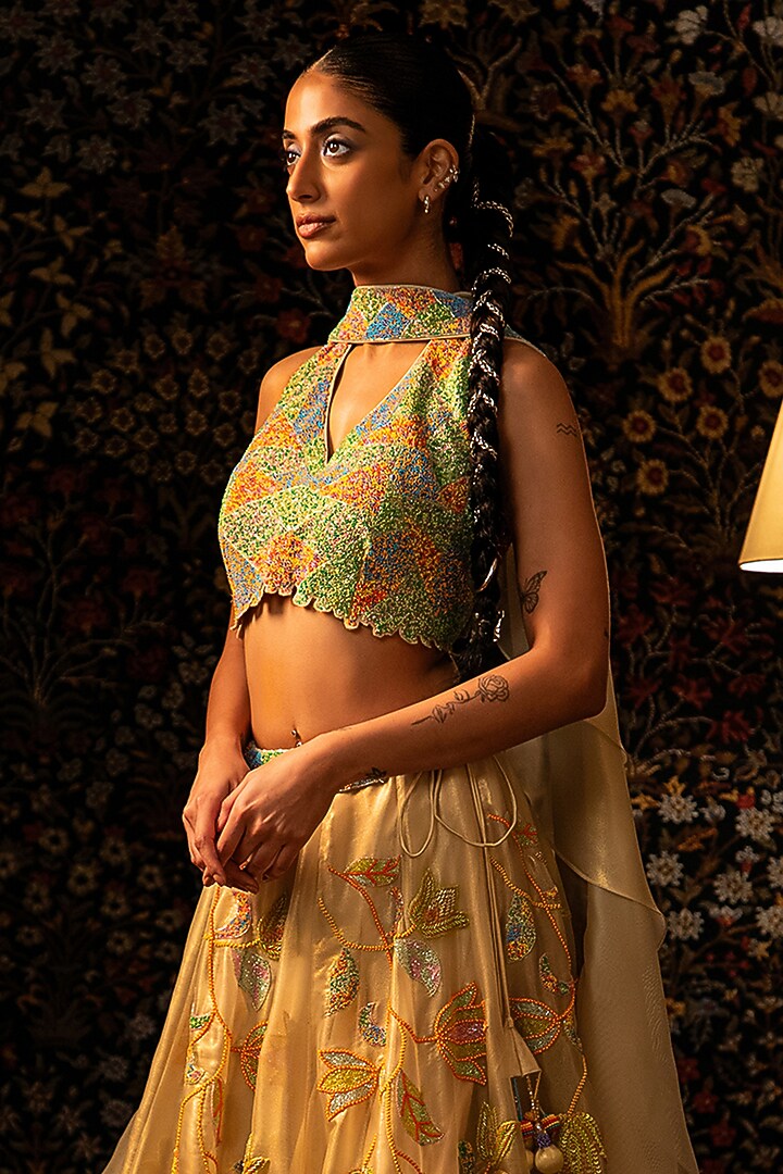 Ivory Shimmer Organza Bead Work Bridal Lehenga Set by Vandana Sethi at Pernia's Pop Up Shop