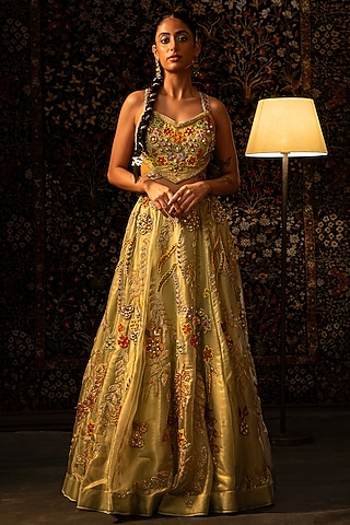 Sea Green Shimmer Organza Bead Work Lehenga Set by Vandana Sethi