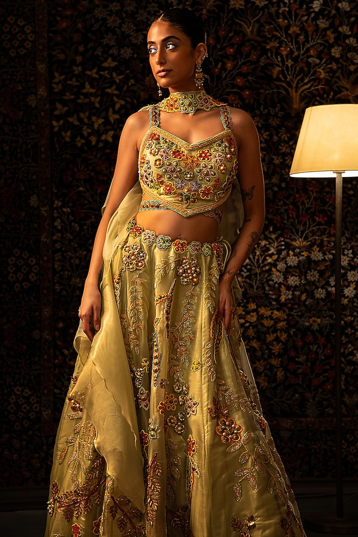 Sea Green Shimmer Organza Bead Work Wedding Lehenga Set by Vandana Sethi at Pernia's Pop Up Shop