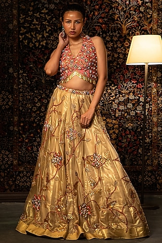 Gold Shimmer Organza Bead Work Lehenga Set by Vandana Sethi