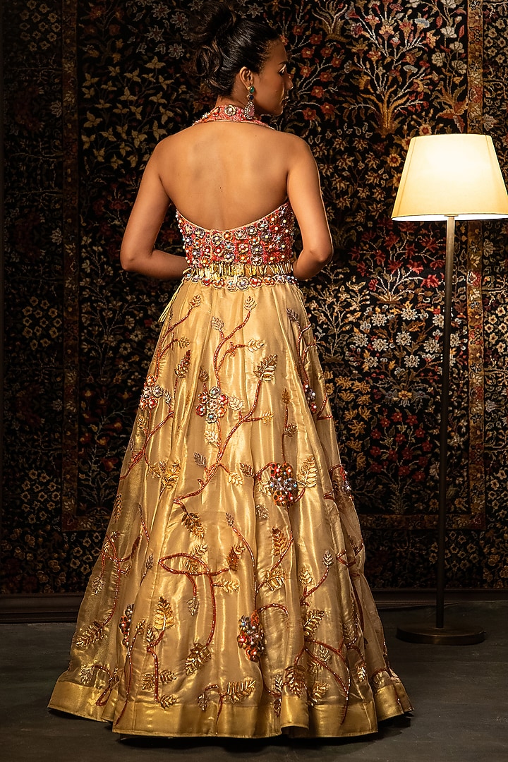 Gold Shimmer Organza Bead Work Wedding Lehenga Set by Vandana Sethi at Pernia's Pop Up Shop