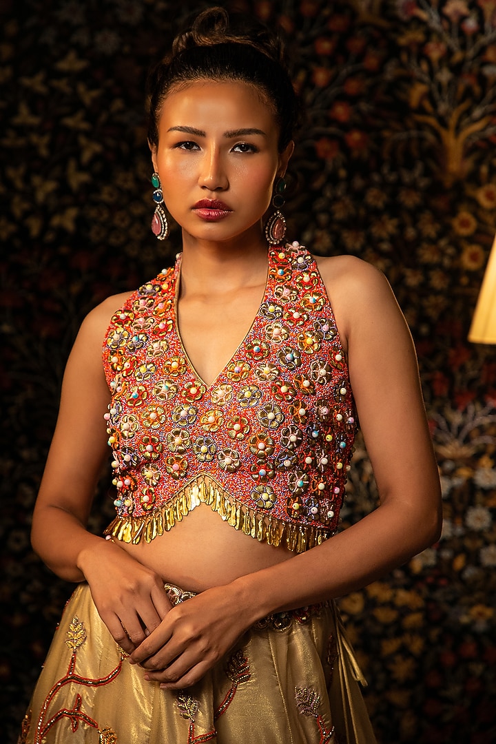 Gold Shimmer Organza Bead Work Wedding Lehenga Set by Vandana Sethi at Pernia's Pop Up Shop