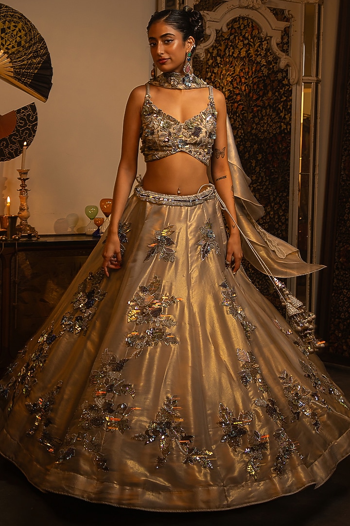 Grey Shimmer Organza Sequins Work Wedding Lehenga Set by Vandana Sethi at Pernia's Pop Up Shop