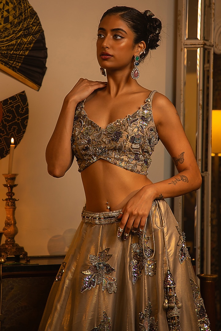 Grey Shimmer Organza Sequins Work Wedding Lehenga Set by Vandana Sethi at Pernia's Pop Up Shop