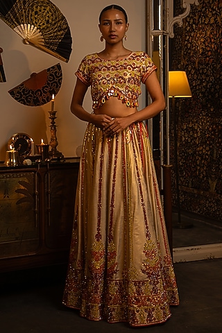 Ivory Shimmer Raw Silk Mirror Work Lehenga Set by Vandana Sethi
