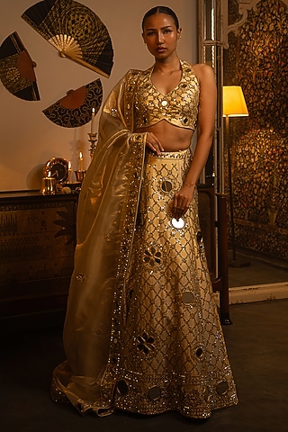 Ivory Shimmer Raw Silk Mirror Work Lehenga Set by Vandana Sethi