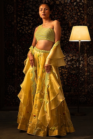 Yellow Shimmer Organza Bead Work Lehenga Set by Vandana Sethi
