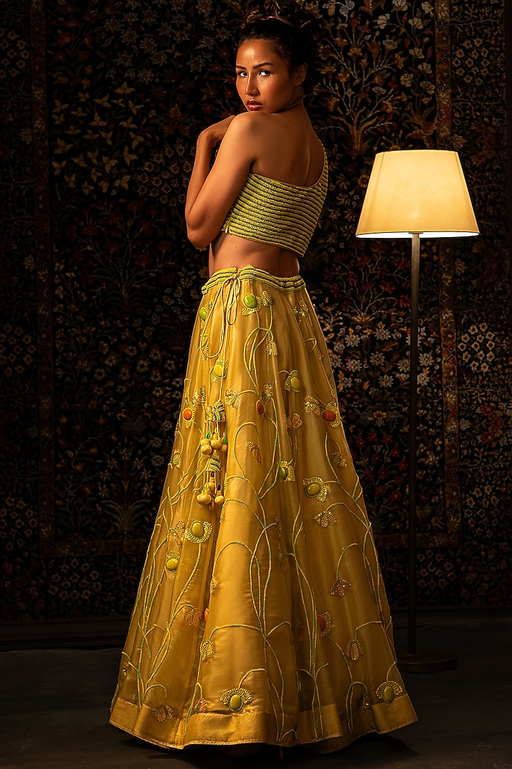 Yellow Shimmer Organza Bead Work Wedding Lehenga Set by Vandana Sethi at Pernia's Pop Up Shop