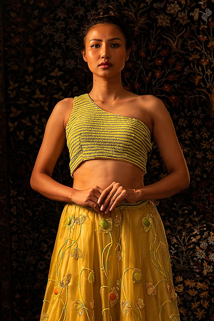 Yellow Shimmer Organza Bead Work Wedding Lehenga Set by Vandana Sethi at Pernia's Pop Up Shop