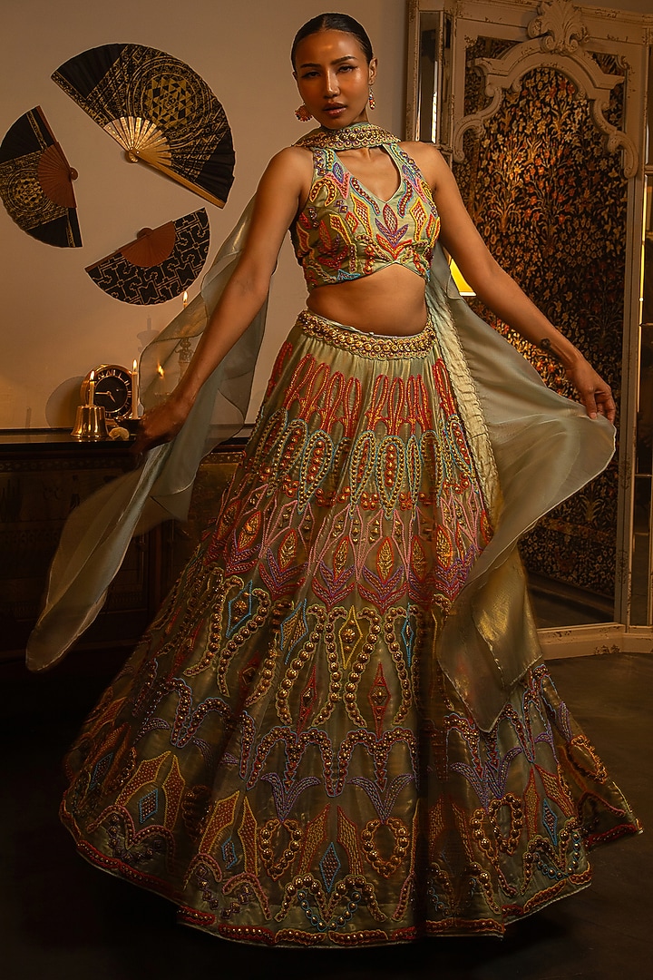 Dusty Blue Shimmer Organza Bead Work Bridal Lehenga Set by Vandana Sethi at Pernia's Pop Up Shop