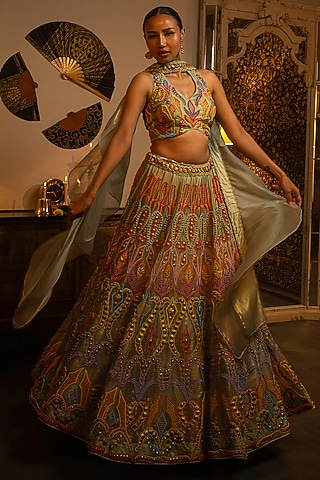 Dusty Blue Shimmer Organza Bead Work Lehenga Set by Vandana Sethi