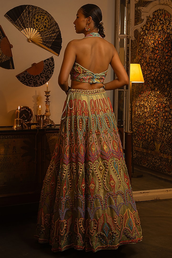 Dusty Blue Shimmer Organza Bead Work Bridal Lehenga Set by Vandana Sethi at Pernia's Pop Up Shop