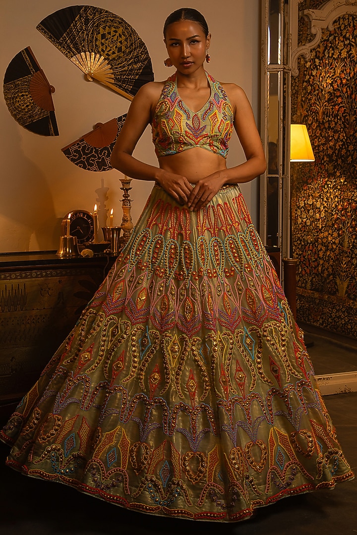 Dusty Blue Shimmer Organza Bead Work Bridal Lehenga Set by Vandana Sethi at Pernia's Pop Up Shop