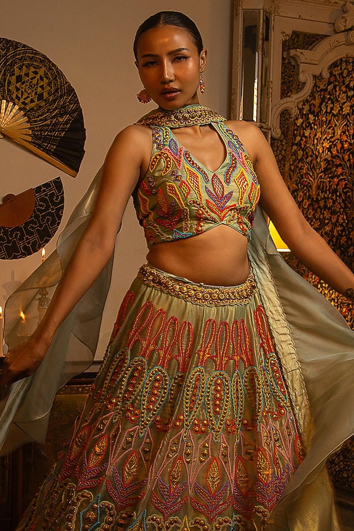Dusty Blue Shimmer Organza Bead Work Bridal Lehenga Set by Vandana Sethi at Pernia's Pop Up Shop