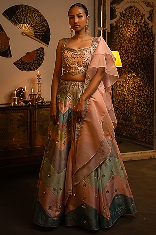 Multi-Colored Soft Silk Mirror Work Lehenga Set by Vandana Sethi