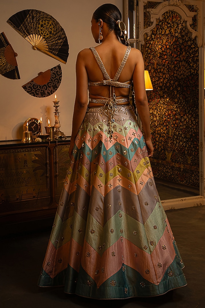 Multi-Colored Soft Silk Mirror Work Wedding Lehenga Set by Vandana Sethi at Pernia's Pop Up Shop