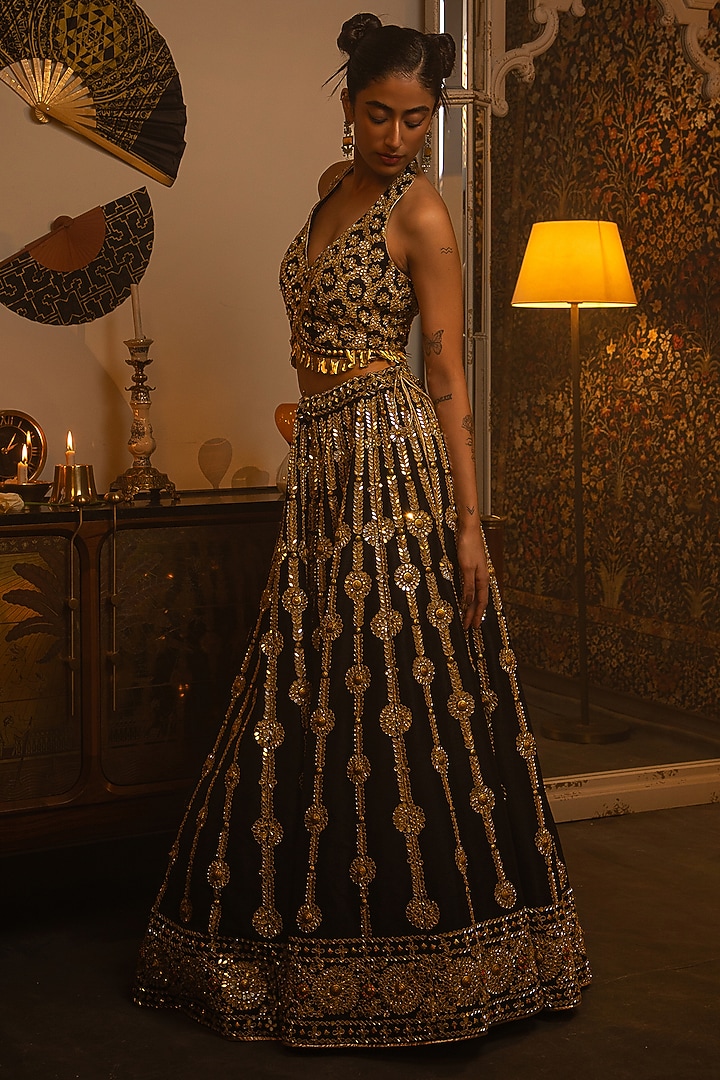 Black Dupion Silk Mirror Work Bridal Lehenga Set by Vandana Sethi at Pernia's Pop Up Shop