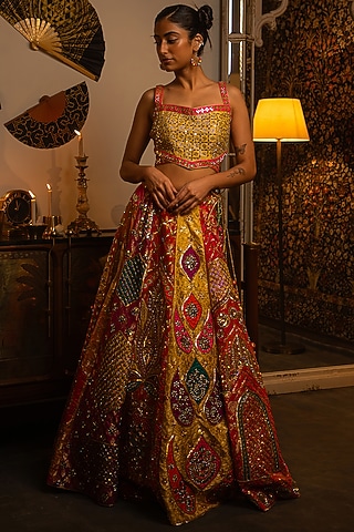 Multi-Colored Dupion Silk Mirror Work Lehenga Set by Vandana Sethi
