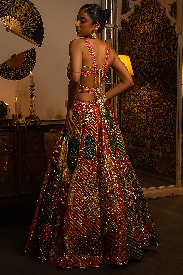 Multi-Colored Dupion Silk Mirror Work Bridal Lehenga Set by Vandana Sethi at Pernia's Pop Up Shop
