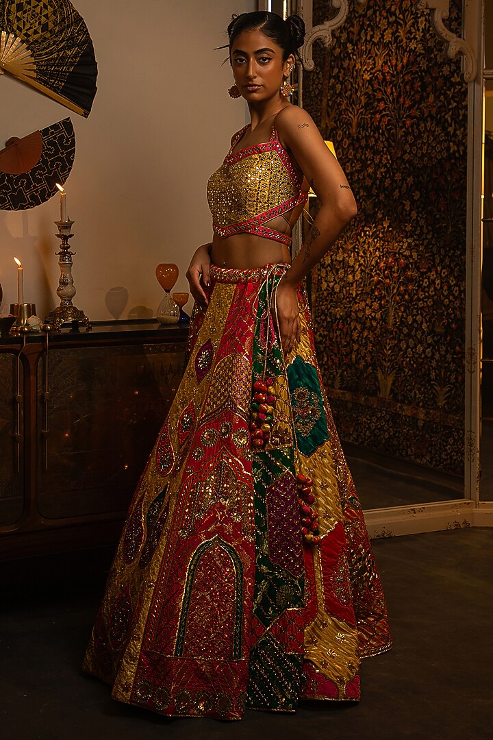Multi-Colored Dupion Silk Mirror Work Bridal Lehenga Set by Vandana Sethi at Pernia's Pop Up Shop