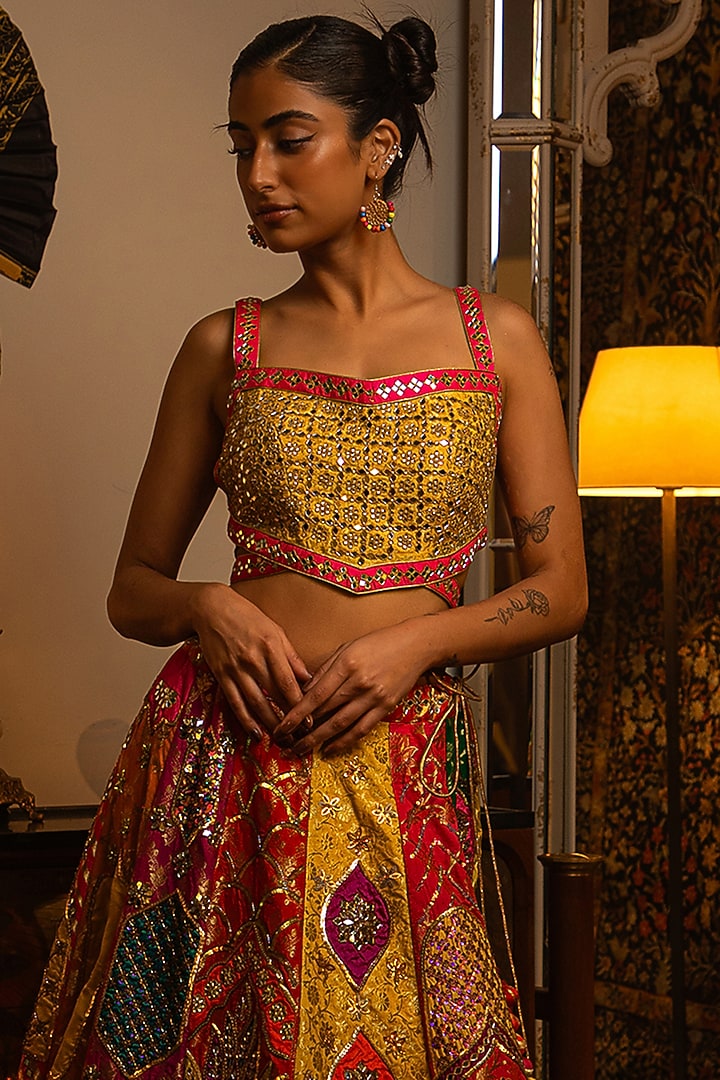 Multi-Colored Dupion Silk Mirror Work Bridal Lehenga Set by Vandana Sethi at Pernia's Pop Up Shop