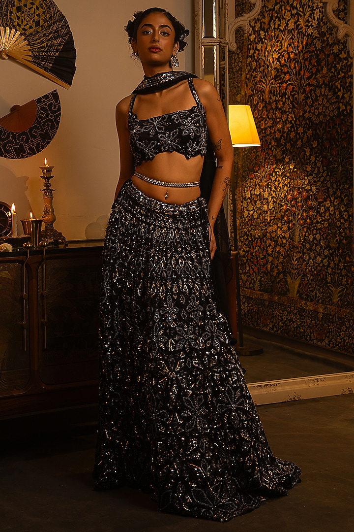 Black Net Sequins Work Bridal Lehenga Set by Vandana Sethi at Pernia's Pop Up Shop