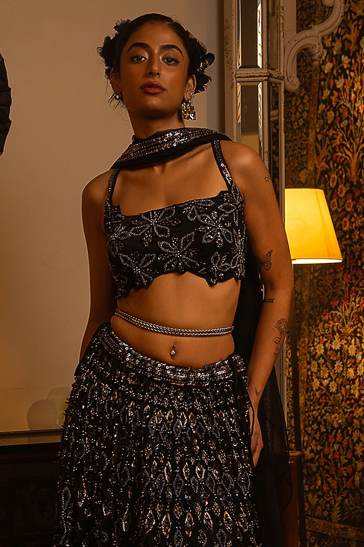 Black Net Sequins Work Bridal Lehenga Set by Vandana Sethi at Pernia's Pop Up Shop