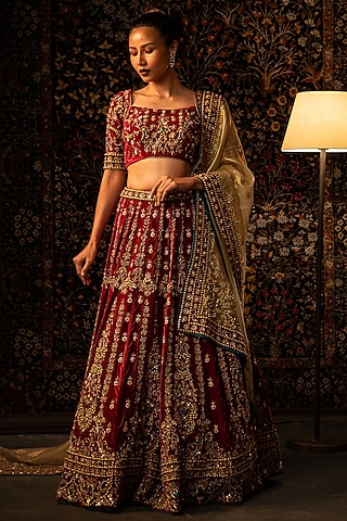 Deep Fuchsia Pink Velvet Zardosi Work Lehenga Set by Vandana Sethi